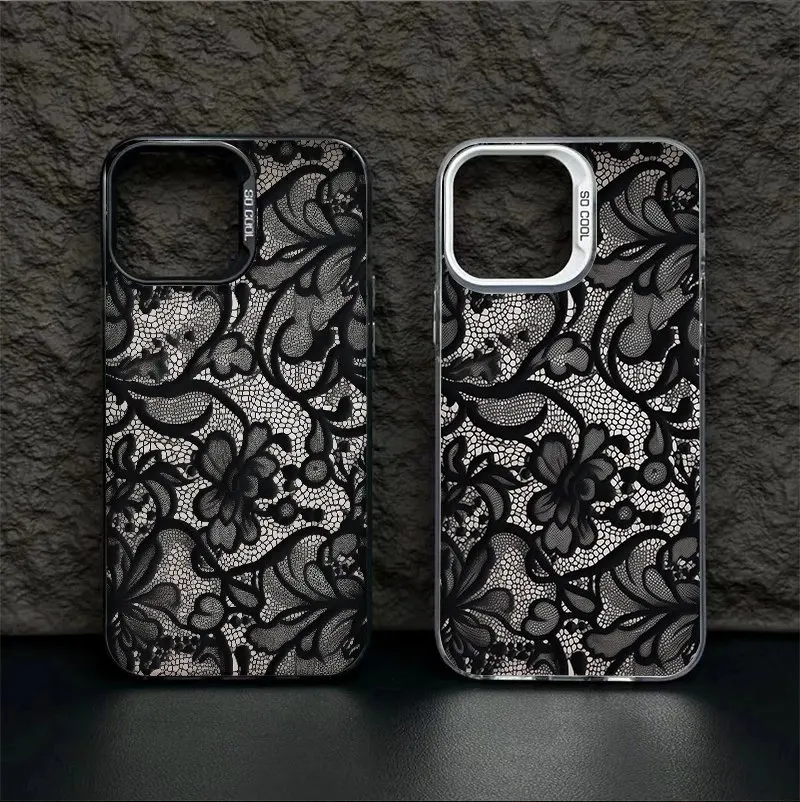Черный кружевной чехол для телефона для iPhone 17 17Air 16 15 14 13 12 11 Pro Max Mini XS XR X 7 8 Plus 16E противоударный жесткий чехол-бампер (art.: 3920d418656d3) - 3920d418656d3