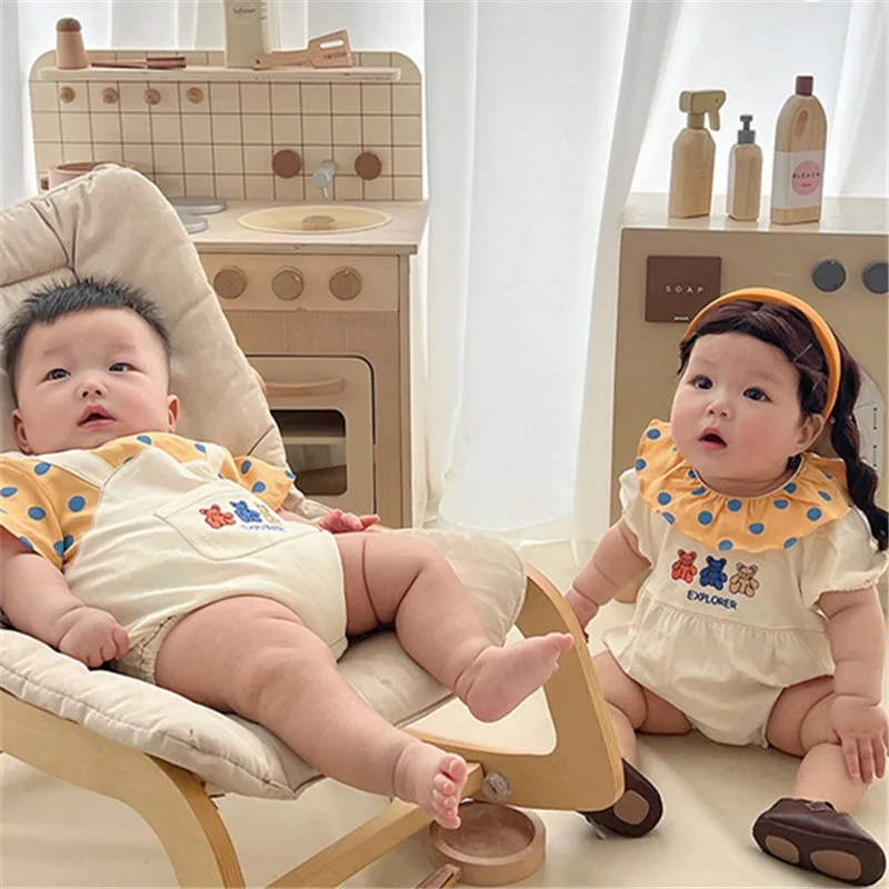 

2022 Summer New Baby Boy Cute Bear Print Bodysuit Cotton Infant Girl Short Sleeve Jumpsuit Baby Cute Cartoon Clothes 0-24M