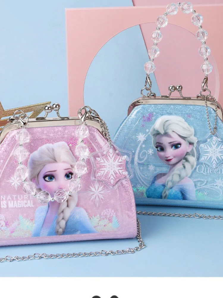 Disney Princess Elsa 2022 Girls Cartoon Animation Cute Quicksand Messenger Bag Children's Pearl Elegant Change Hand Bag
