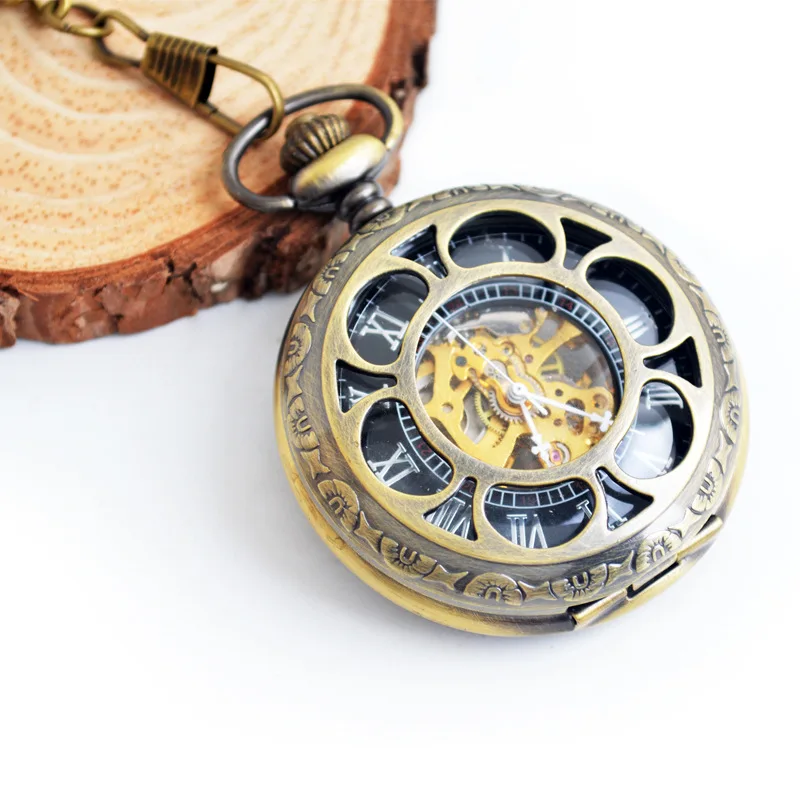 Luxury Mechanical Pocket Watch for Men Women Flower Hollow Skeleton Dial Roman Dial Fob Chain Pendant Clock for Collection Gift