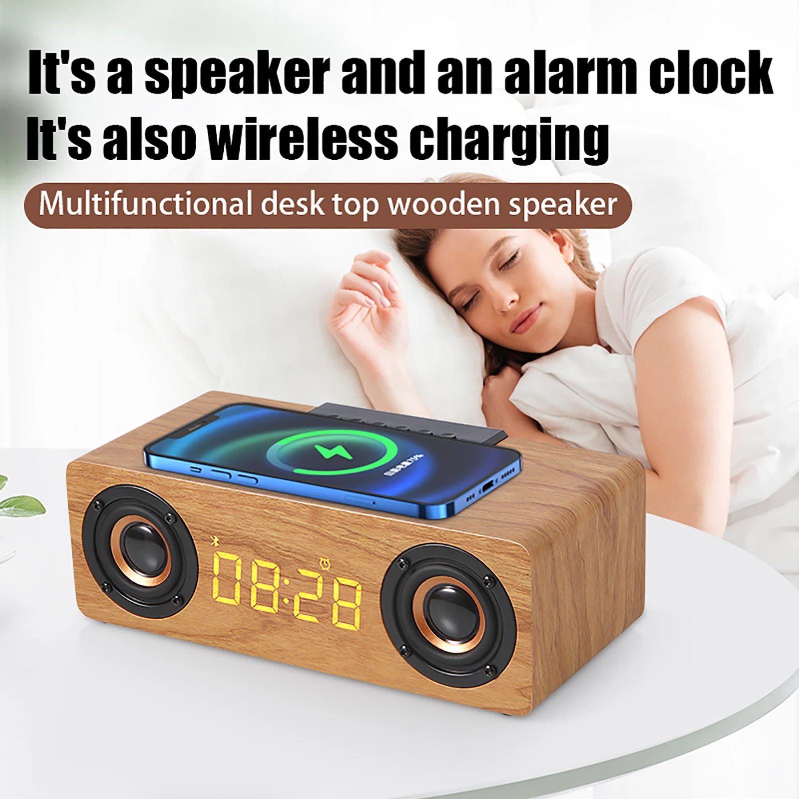 

3 IN1 Wireless Charging Clock Bluetooth Speaker with Time Display Wooden Card U Disk Computer Audio Table Clock Retro Clocks