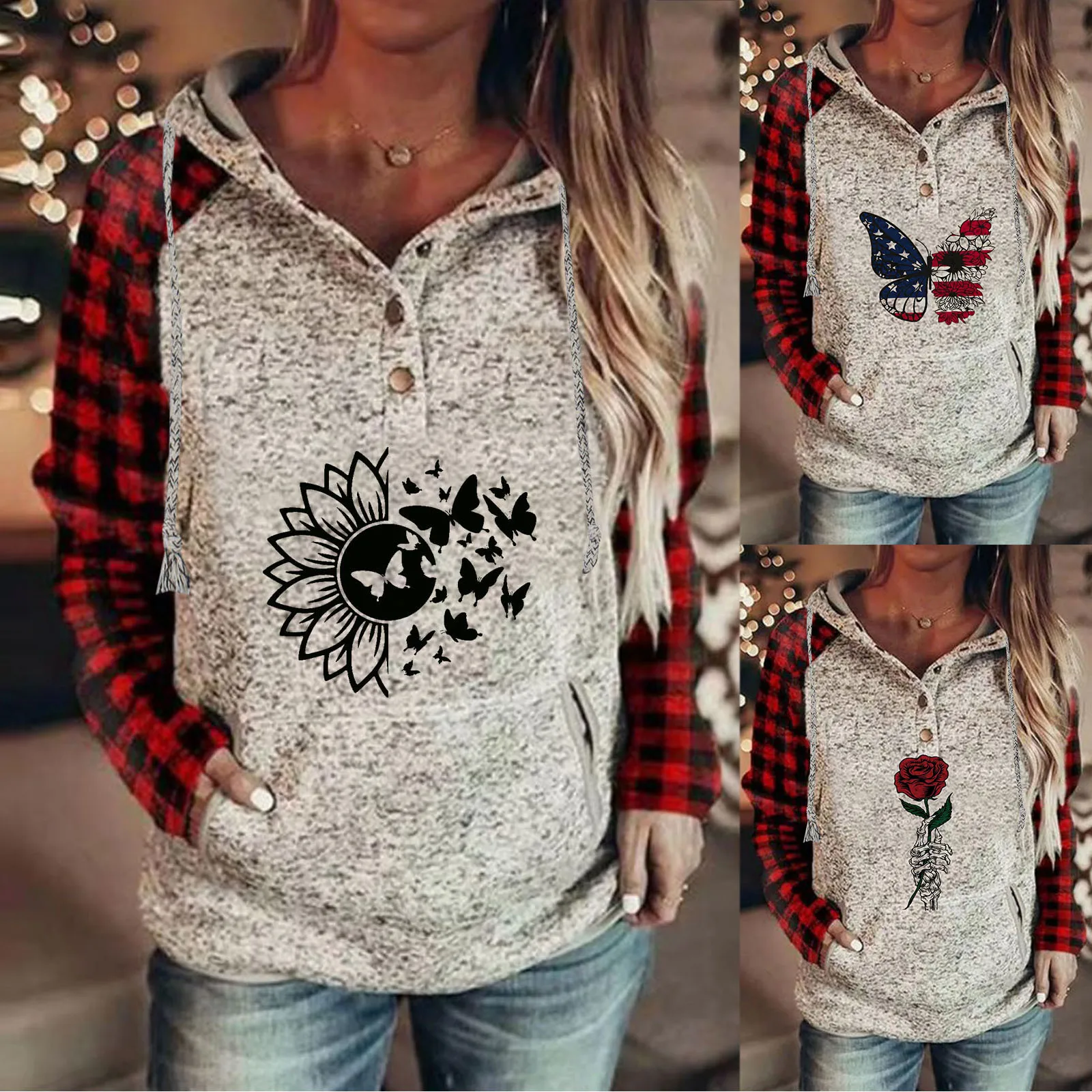

Light Top Women's Pullover Hoodies Tops Button Down Long Sleeve Sweatshirts With Pocket Lightweight Fleece