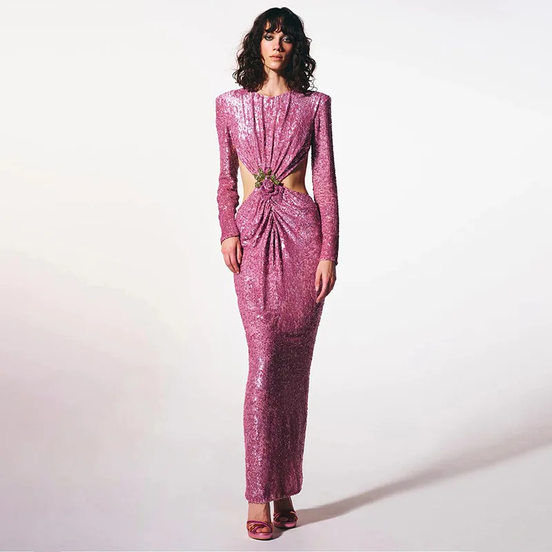 

Осень-зима 2022, женское платье с длинным рукавом, блестками, круглым вырезом и цветочной пряжкой на талии, рождественское праздничное платье