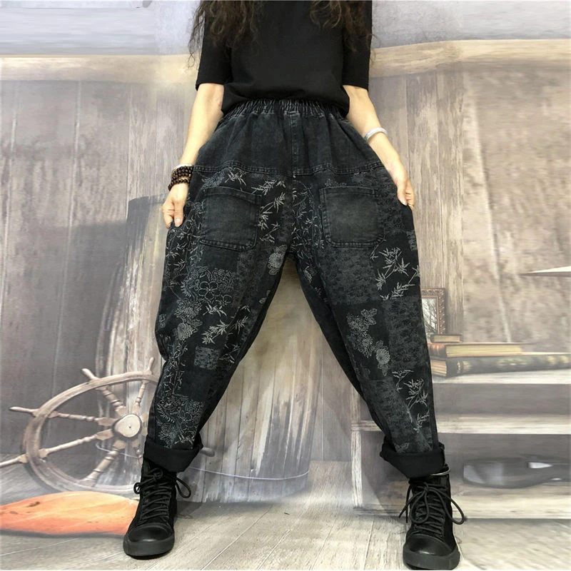

Autumn New Fashion Women Elastic Waist Loose Jeans Vintage Print Cotton Denim Harem Pants Plus Size Casual Jeans