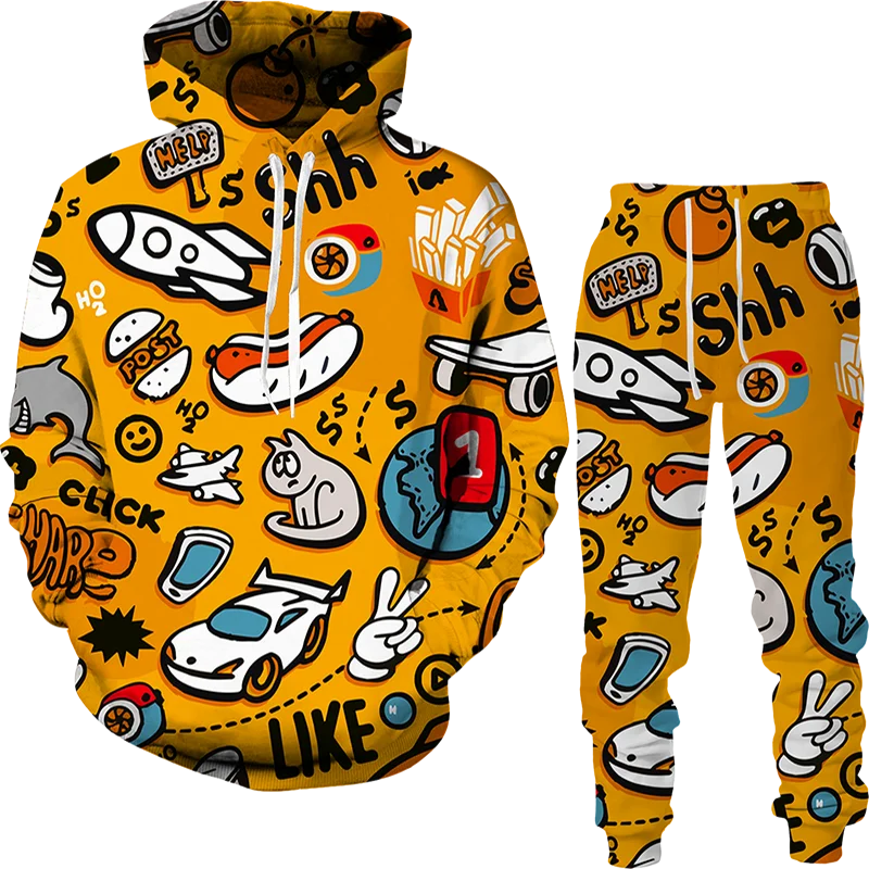 

Autumn Vintage Hip Hop Graffiti 3d Print Men Women Tracksuit Sets Daily Hoodie+pants 2pcs Sets Sweatsuit Oversized Men Clothing