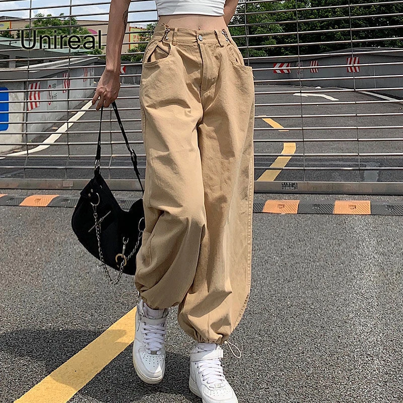 

Unireal 2022 Summer Autumn Women Baggy Cargo Pant High Waist Black Drawstring Casual Harem Pant Trousers
