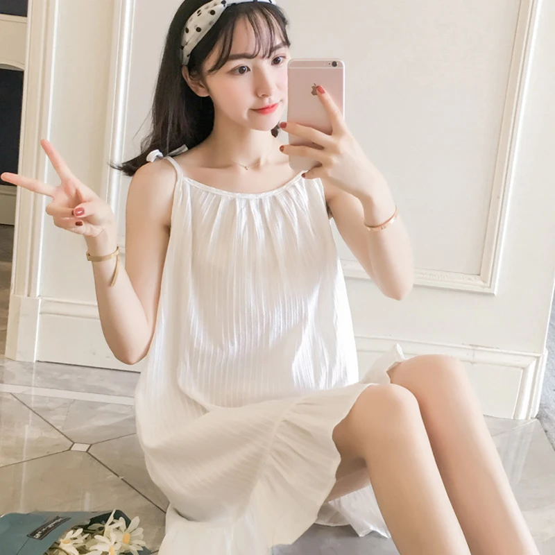 Summer Sleeping Dress Sweet And Fresh Princess Wind Pit Stripe Milk Silk Sexy Small Strap Sleeveless Mid Length Home Fury