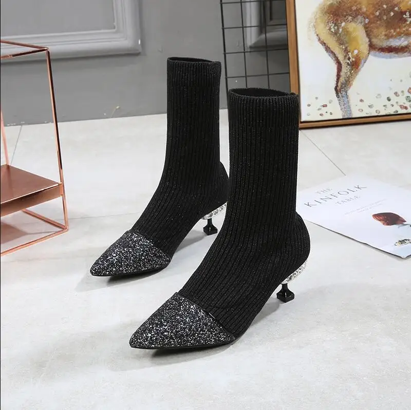 Womens Sequins Rhinestones Crystal Diamond Stitching Knitting Yarn Ankle Boots Socks Shoes Pointed Toe Stilettos Heel Botas
