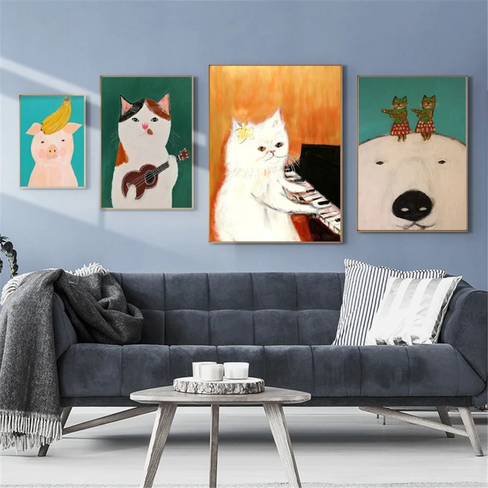 

Custom Spoof Cat Guitar Canvas Poster Silk Fabric Modern Style Prints Party House Decor Room#211217-21