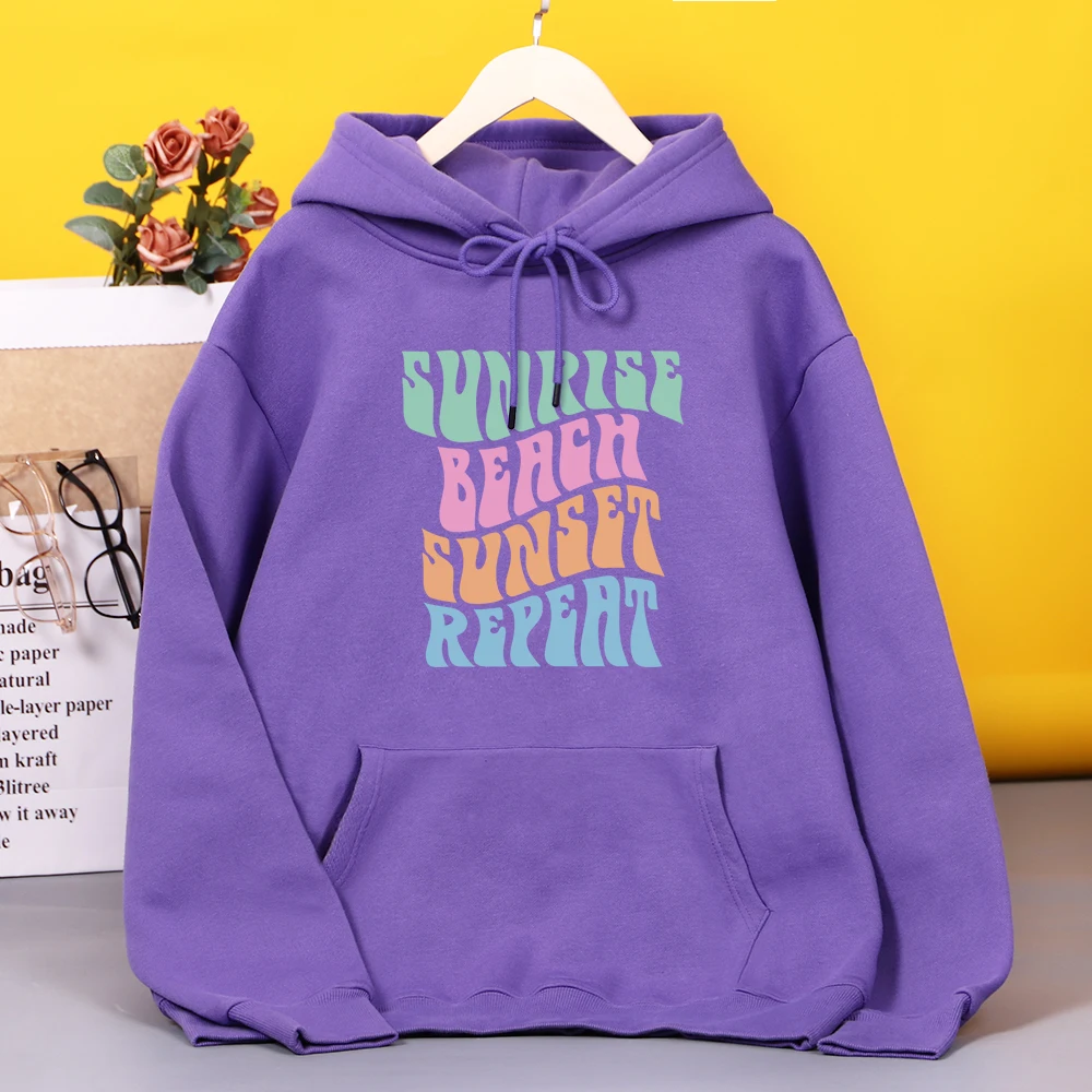 

Sunrise Beach Sunset Repeat Printed Hooded Women Fleece Daily Hoodies Fashion Oversize Hoodie Simplicity Casual Clothes Female