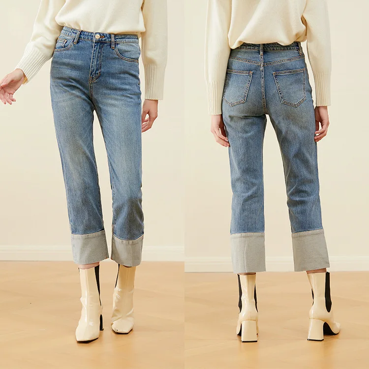 

Women's jeans fashion high wasit lady straight-leg denim trousers