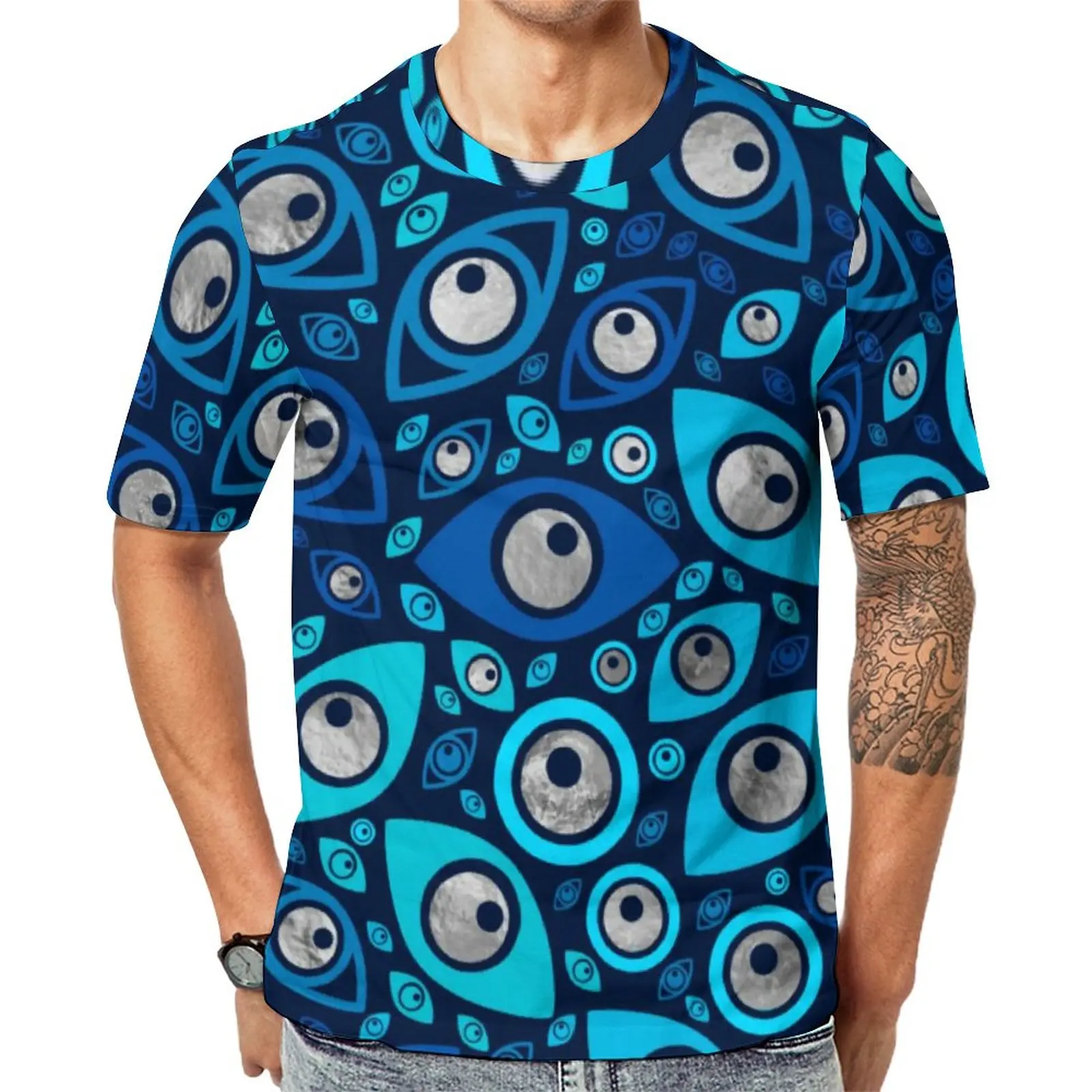 

Футболка с принтом греческого сглаза, винтажные футболки Блюз и серебра, оригинальные футболки на заказ, Одежда большого размера с коротким рукавом, подарок на день рождения