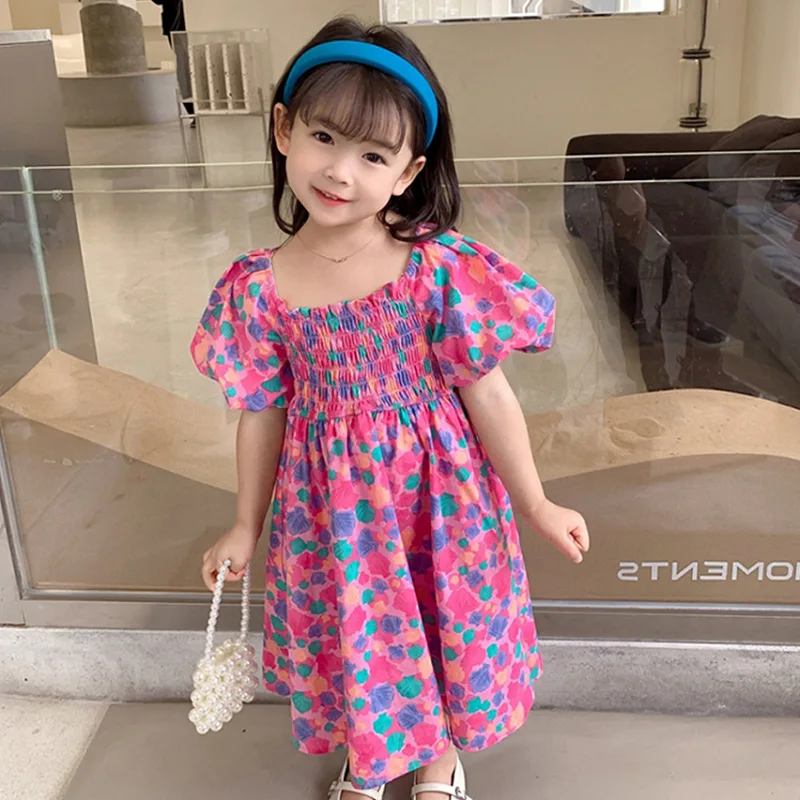 

2022 Summer Girls Cute Print Flower Puffy Sleeve Dress