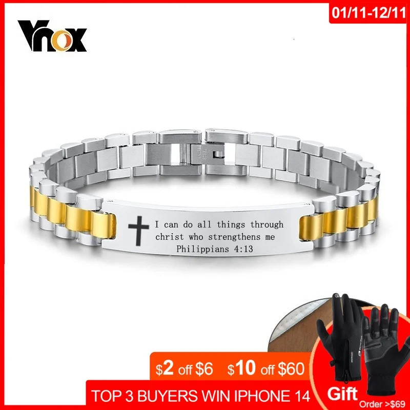 

Vnox Mens Cross Bracelet Religious ID Chain Bangle with Bible Verse Christian Gifts for Church Custom Jewelry