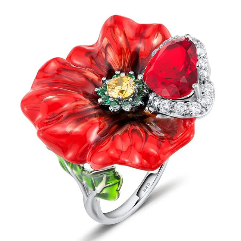 

Buyee 925 Sterling Silver Big Ring Elegant Red Enamel Flower Ring Finger for Woman Girl Excellent Luxury Wedding Jewelry Circle