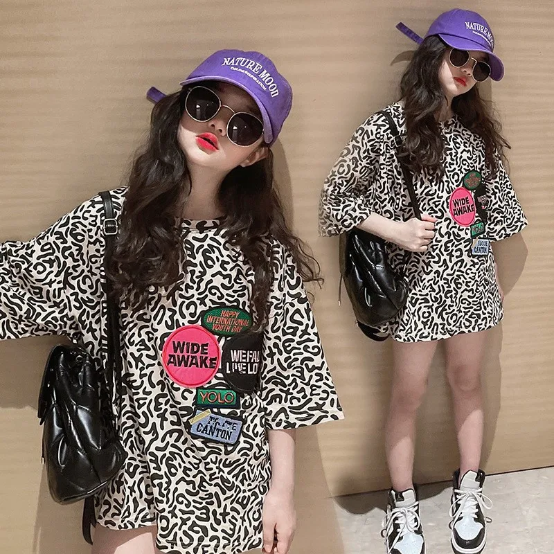 

Teen Girls Leopard Print Tops Summer Kids Fashion Long Tee Shirt 5 6 8 10 12 13 14 years