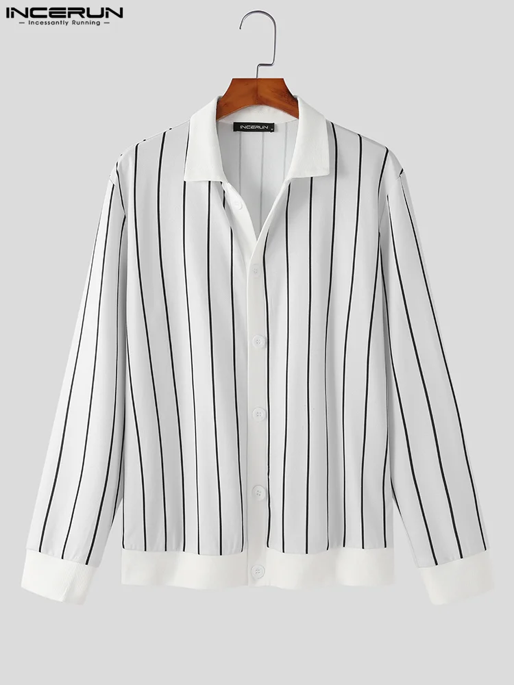 Casual Simple Style Tops INCERUN Men's Stylish Well Fitting Large Striped Blouse Fashion Long-sleeved Lapel Buttons Shirts S-5XL