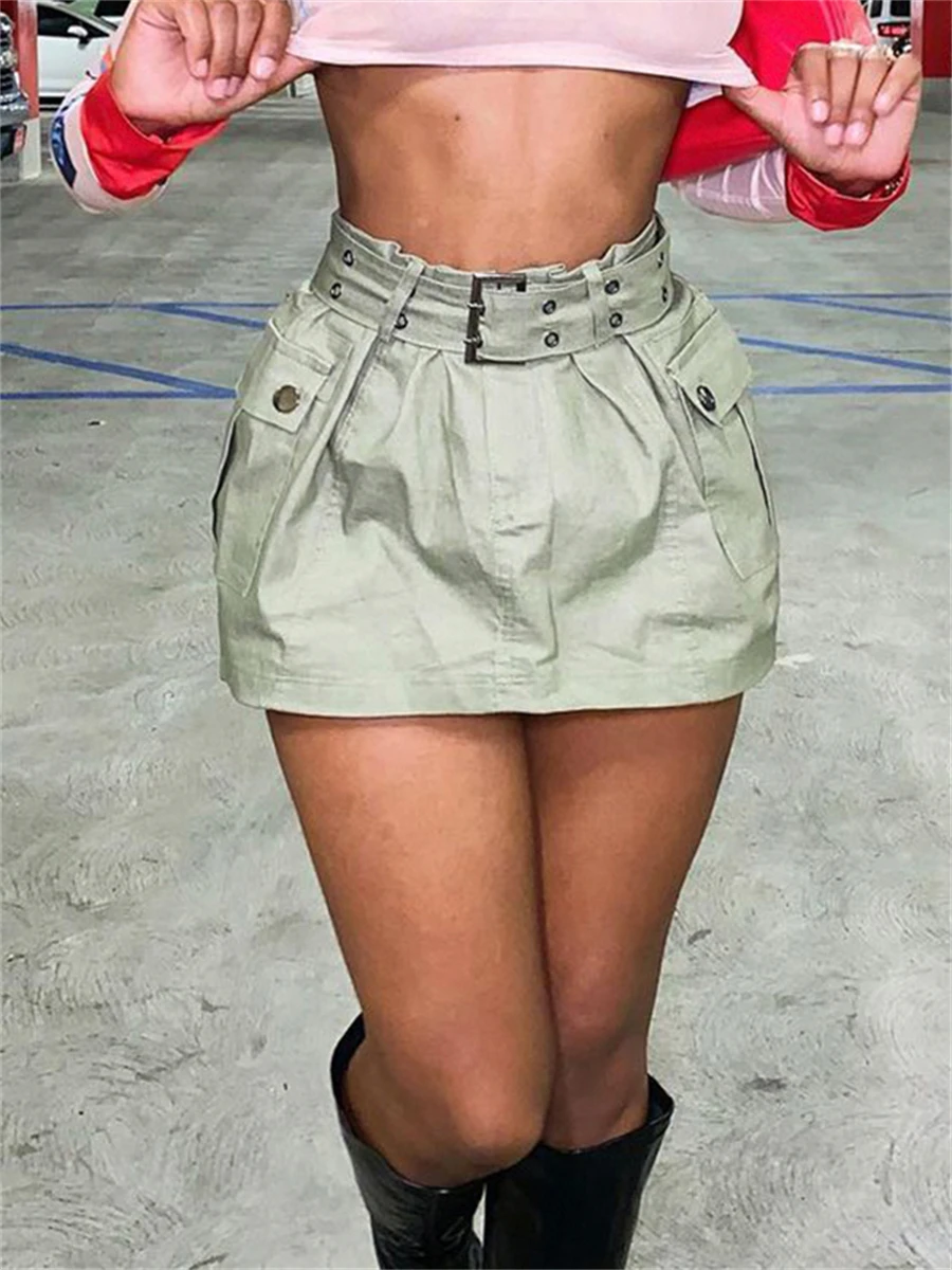 

Юбка-карго женская короткая трапециевидная с высокой талией и ремнем втулки
