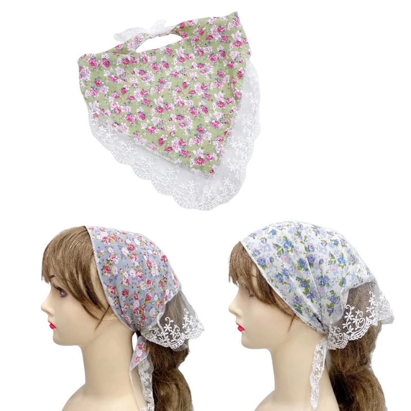 

Повязка для волос с цветочным принтом женская, кружевная треугольная Бандана с полями, эластичная лента для волос, тюрбан, платок с завязкой...