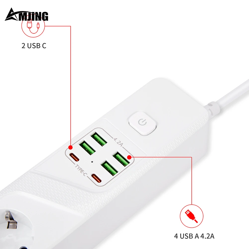 Сетевой удлинитель с европейской вилкой 4-сторонний USB Type-C 3000 Вт 10 А 250 В 2 м защита
