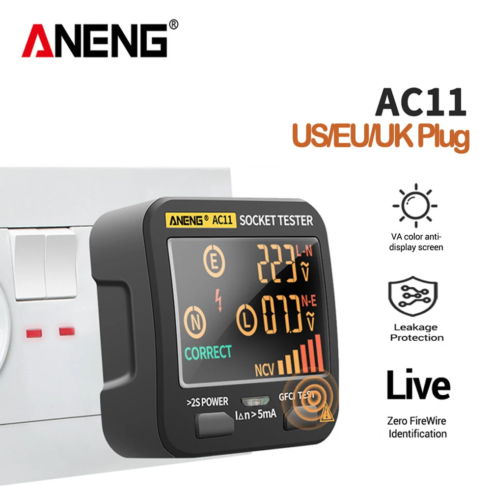 

ANENG AC11 Voltage Test Socket Detector Ground Zero Line Phase Check Rcd NCV Test Digital Smart Socket Tester US/UK/EU Plug
