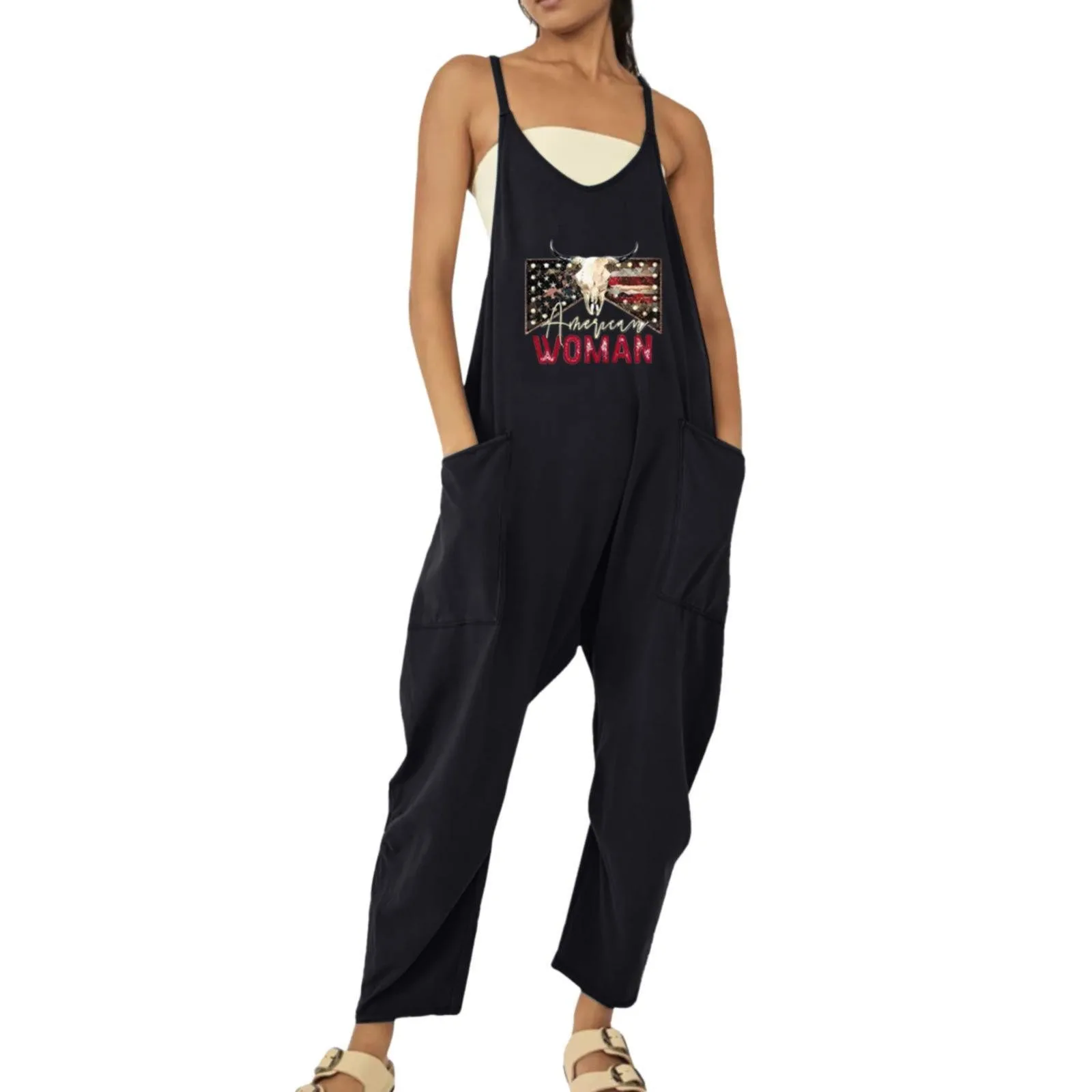 

Independence Day Jumpsuit Women 2023 Casual Loose Wide Leg Pants Bib Overalls With Pockets Sleeveless Baggy Streetwear Rompers