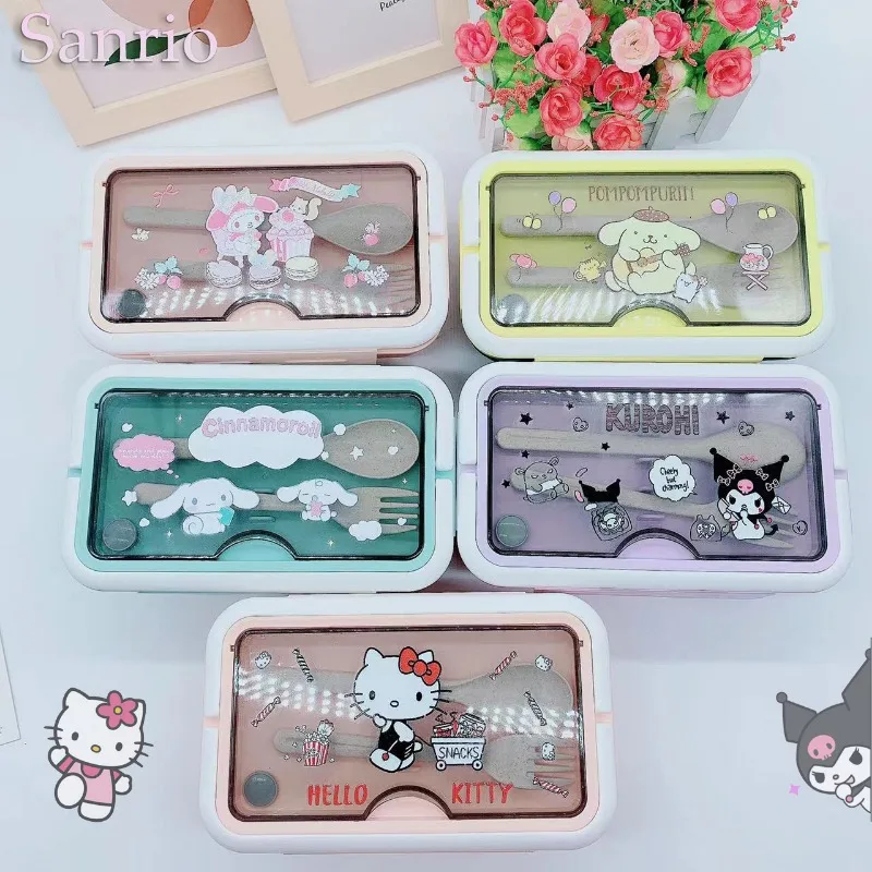 

Sanrio Hello Kitty Kuromi Cartoon Lunch Box Student Double Compartment Portable Tableware Cute My Melody Fast Food Container