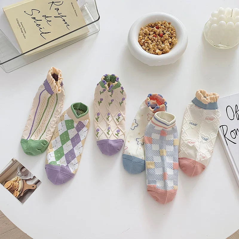 

SP&CITY Colorful College Style Flower Cotton Women's Ankle Socks Lace Ruffle Cute Low Boat Socks Lovely Girl Casual Short Socks
