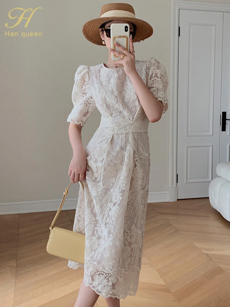 

Женское платье с пышными рукавами H Han Queen, летнее винтажное облегающее платье для офиса, повседневное кружевное платье-футляр, 2019