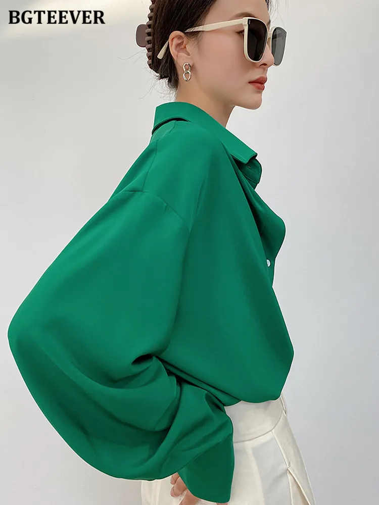 

BGTEEVER Vintage Green Women Blouse Shirts Blouses Autumn Full Sleeve Button-up Loose Women Blusas Tops Elegant Roupas Femininas