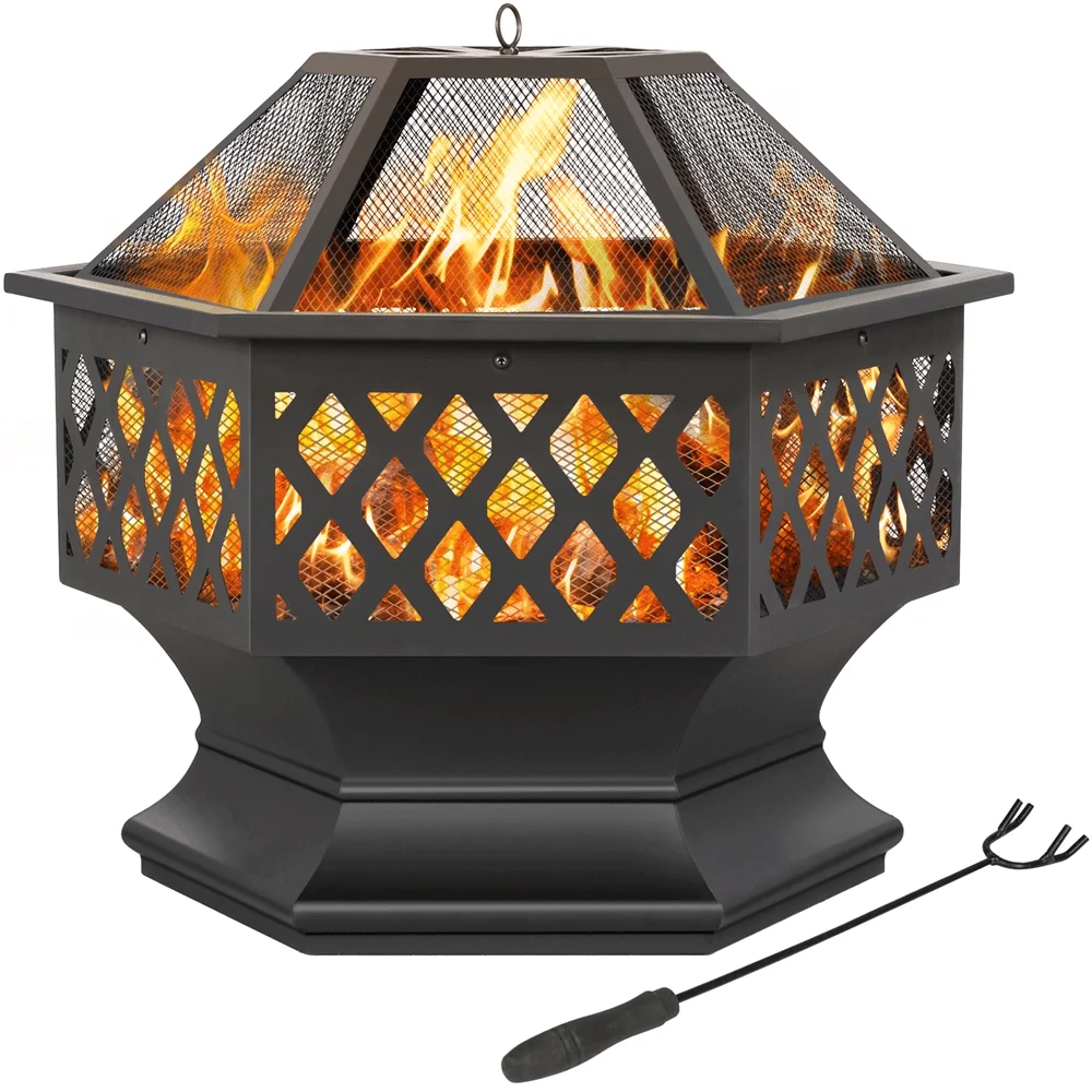 Easyfashion Heavy Duty Metal Fire Pit Hexagon Stove with Poker for Outdoor, Black