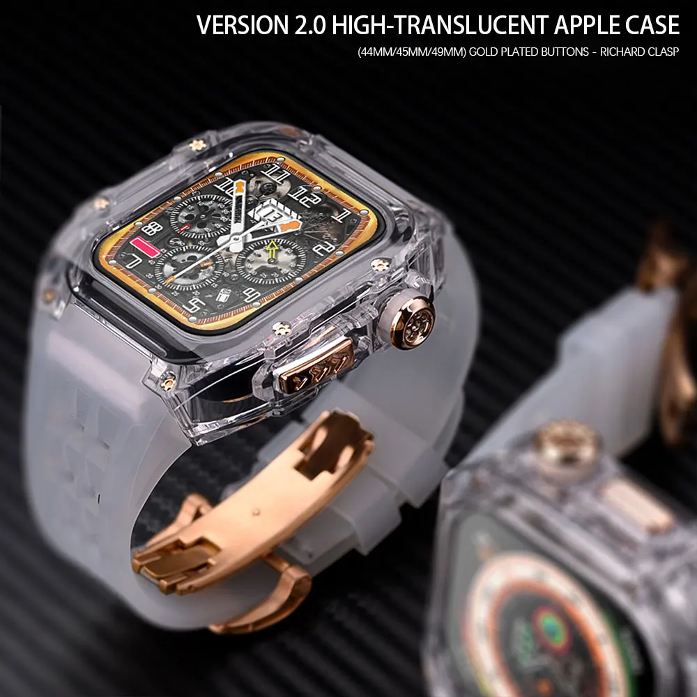 Luxury Glacier Modification Kit For Apple Watch Band Ultra 49mm Transparent Case For iWatch 8 7 6 5 4 SE 45mm 44mm Rubber Strap