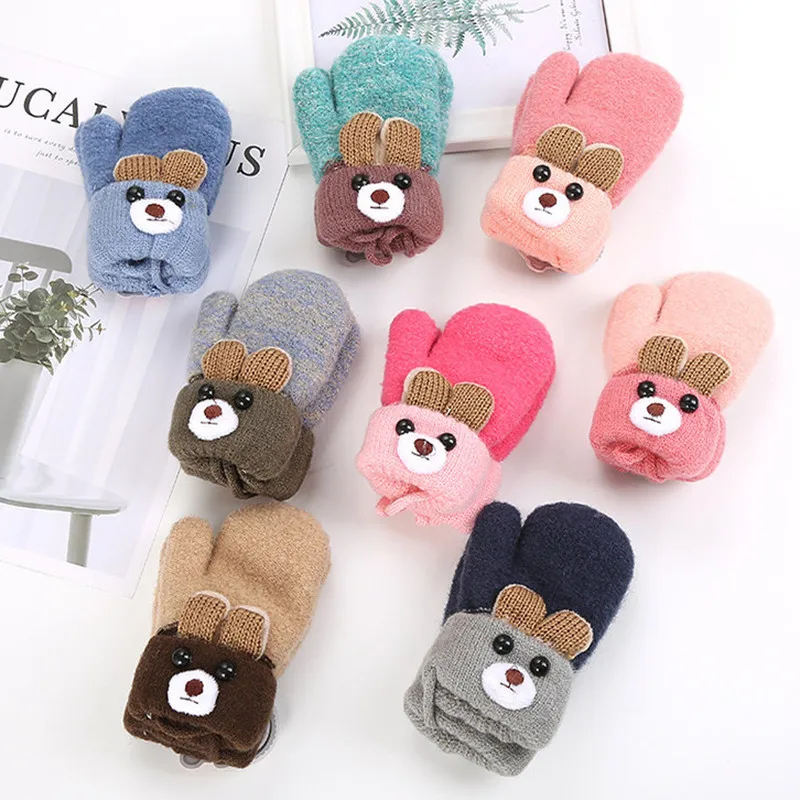 

NEW 0-3 Y Cute Cartoon Bear Baby Gloves Winter Knitted Wool Infants Mittens Thicke Warm Full Rope Gloves For Boys Girls Toddlers