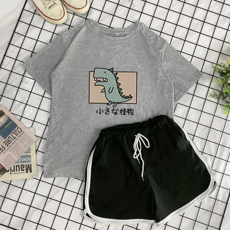 QWEEK Home Wear Sleepwear Sets for Women Pijamas Lovely Pattern Pajamas Hot Sale Femme Suits with Shorts Korean Loungewear