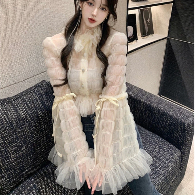 

Spring Fairy Lace Ruffles Shirt Long Trumpet Sleeve Chic Mesh Spliced Chiffon Pleated Blouses Lace Up Tops Blusas Cardigan 2022