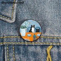 french press coffee cats printed pin custom funny brooches shirt lapel bag cute badge cartoon enamel pins for lover girl friends