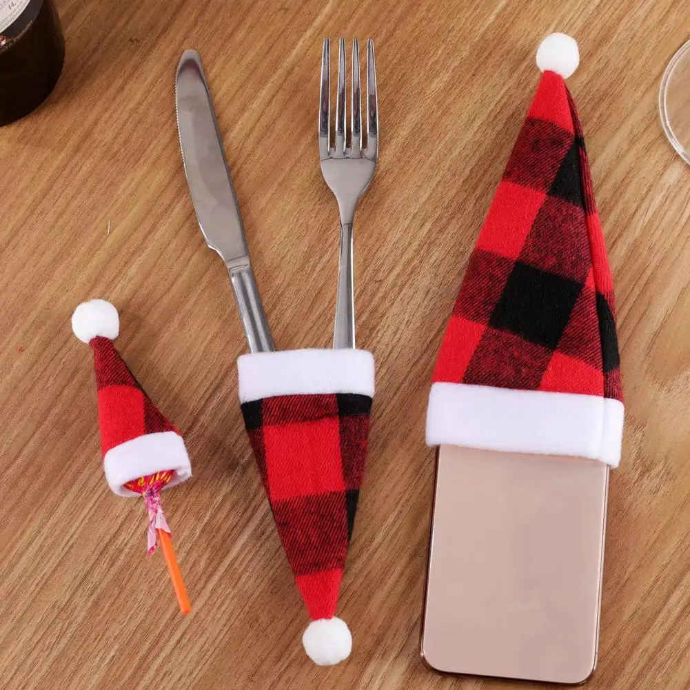 

3Pcs Christmas Cutlery Bag Durable Plaid Print Cutlery Cover Festive Tableware Holder for Xmas Home Decoration