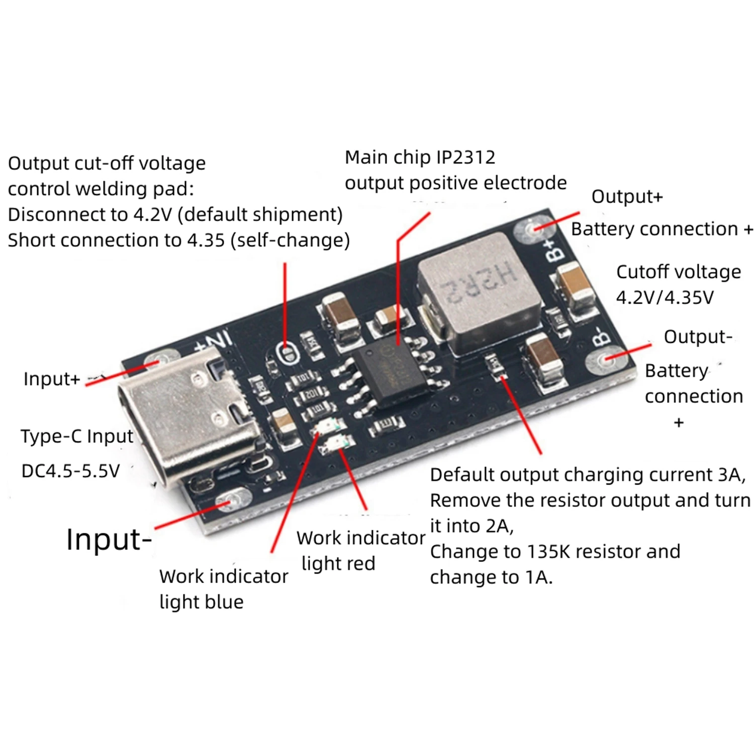 

Type-C USB Input High Current 3A Polymer Ternary Lithium Battery Quick Fast Charging Board IP2312 CC/CV Mode 5V To 4.2V