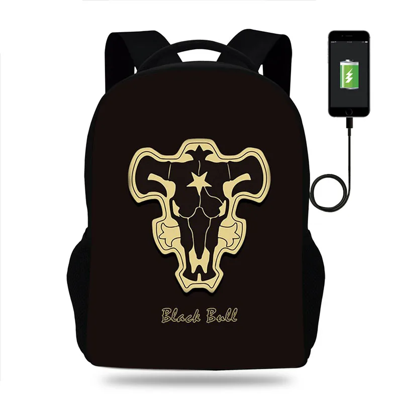 

Рюкзак с рисунком черного клевера для мальчиков и девочек, школьный ранец с USB-зарядкой для подростков, повседневный дорожный портфель для с...