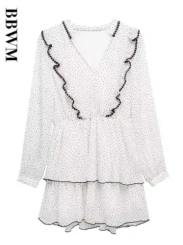 Women 2023 Summer Fashion Dress Dot Printed Mini Dresses V-neck Ruffles Chiffon Dresses Sweet Vintage Long Sleeve Chic Vestidos