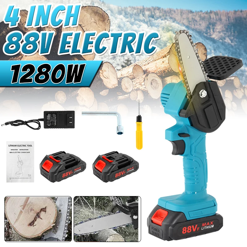 

88V 1280W Electric Chainsaw Mini Pruning Tool Woodworking Logging Saw Protable Garden Tool with Lithium Battery Charger