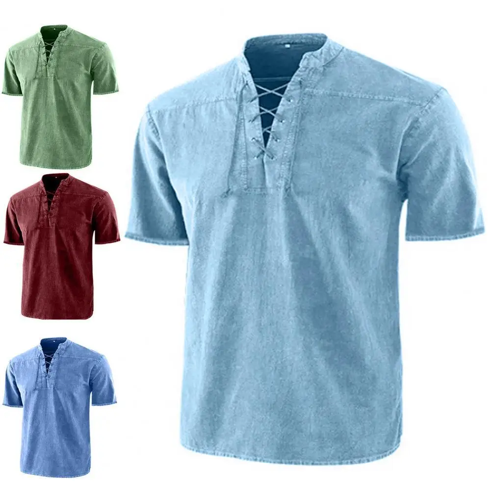 

Slim T-shirt Stand Collar Pullover Front Lace Up Short Sleeve V Neck Slim T-shirt Tee Shirt for Daily Wear