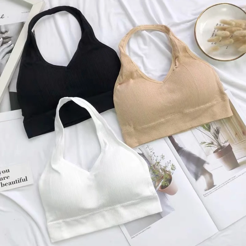 

Fashion Sexy Halter Backless Bra Camisole for Women Wire Free Sport Bra Top Suspenders Solid Crop Tops Shockproof Vest Lingerie