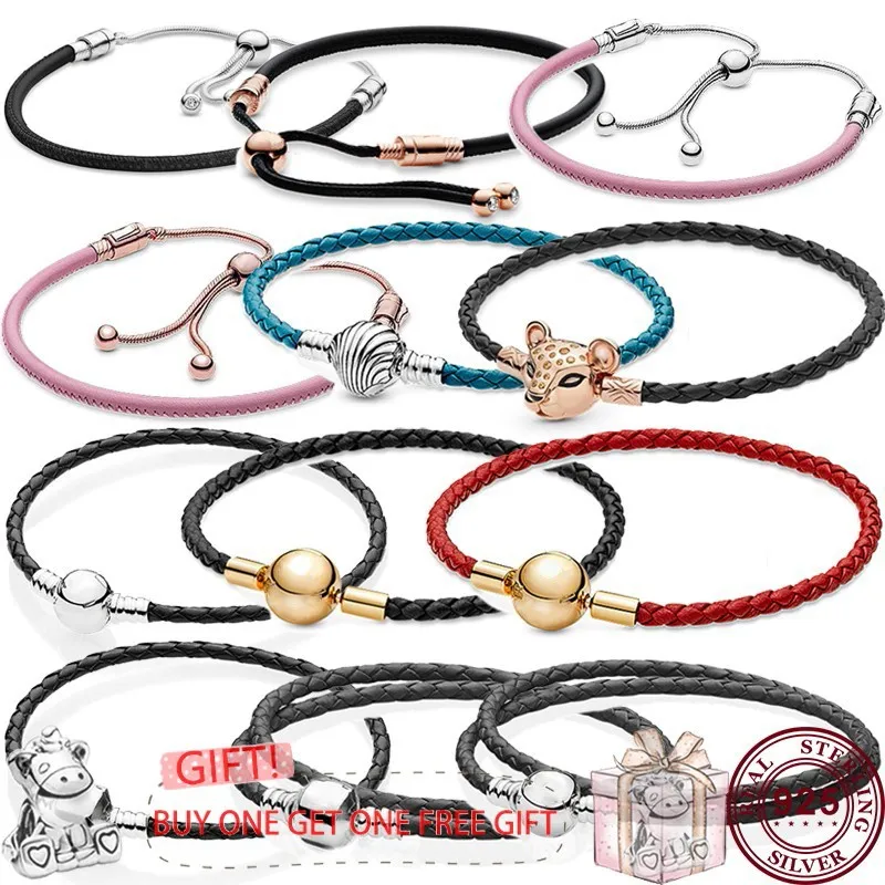 

New Hot 925 Silver Exquisite Woven Leather Rope Pink Women's Sliding Bracelet Original High Quality Charm Fashion Jewelry