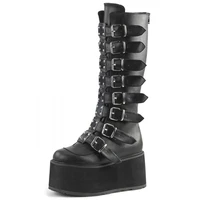 bonjomarisa plus size 50 brand luxury design platform thick heel mid calf boots women punk cool gothic black buckle shoes woman