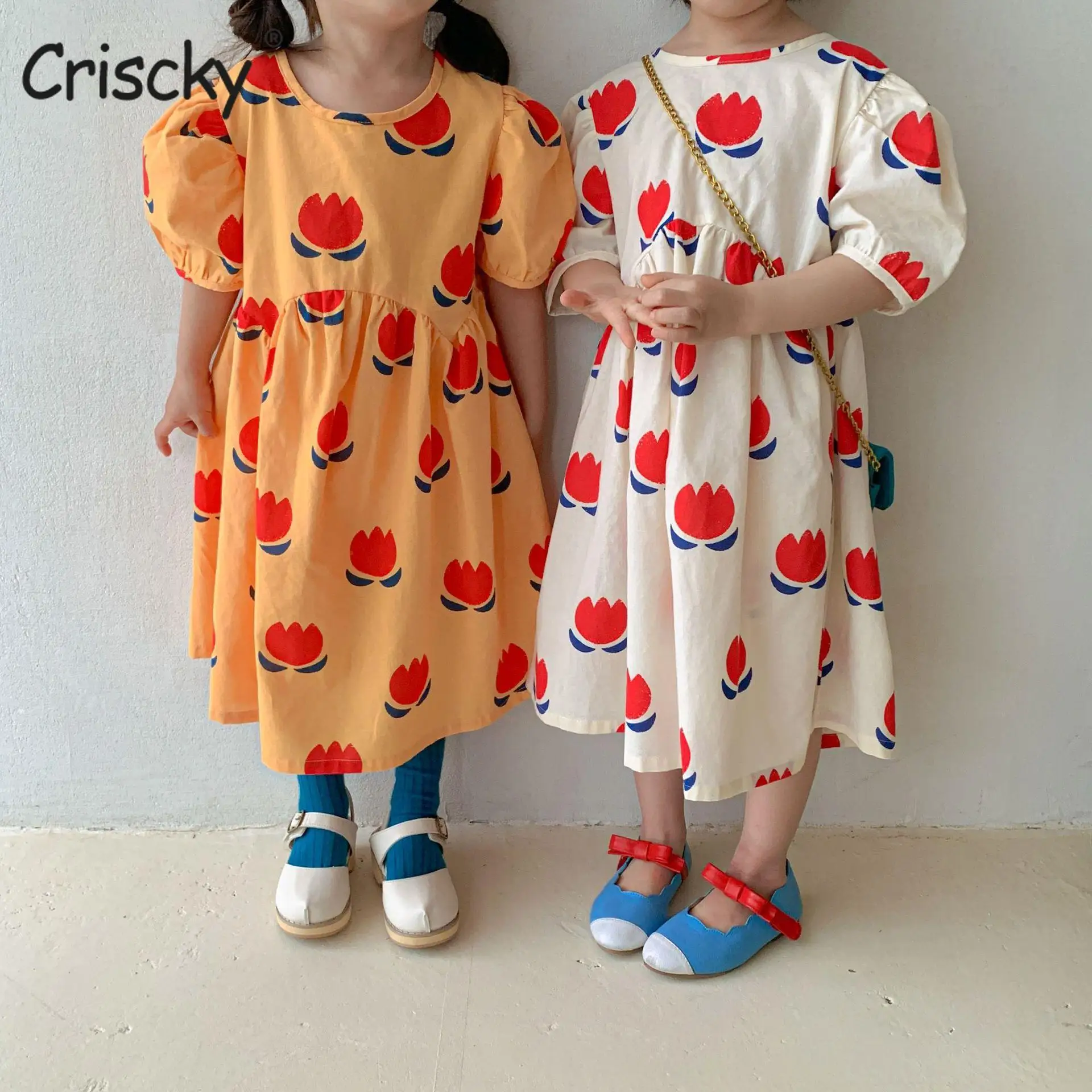 

Criscky New Girls Summer Princess Dress Puff Sleeve Dress Sweet Floral Vestidos Children's Clothing Baby Kids Clothes