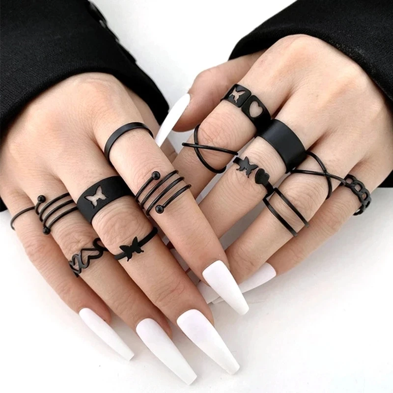 

14Pcs/set Punk Heart Butterfly Rings Set for Women Black Color Cross Hollow Geometric Metal Ring Trendy Finger Ring Jewelry Gift