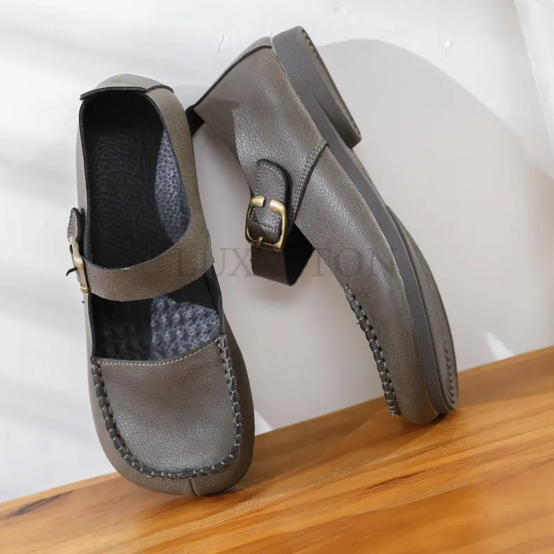 Genuine Leather Mary Jane Shoes For Women Spring Luxury Designers Handmade Sewing Soft Sole Buckle Ladies Retro Shoes