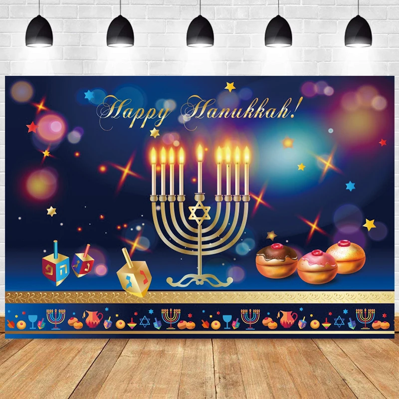 

Hanukkah Hashanah Menorah Photography Backdrop Jewish Dreidel Happy Holiday Party Photo Background New Year Chanukah Banner