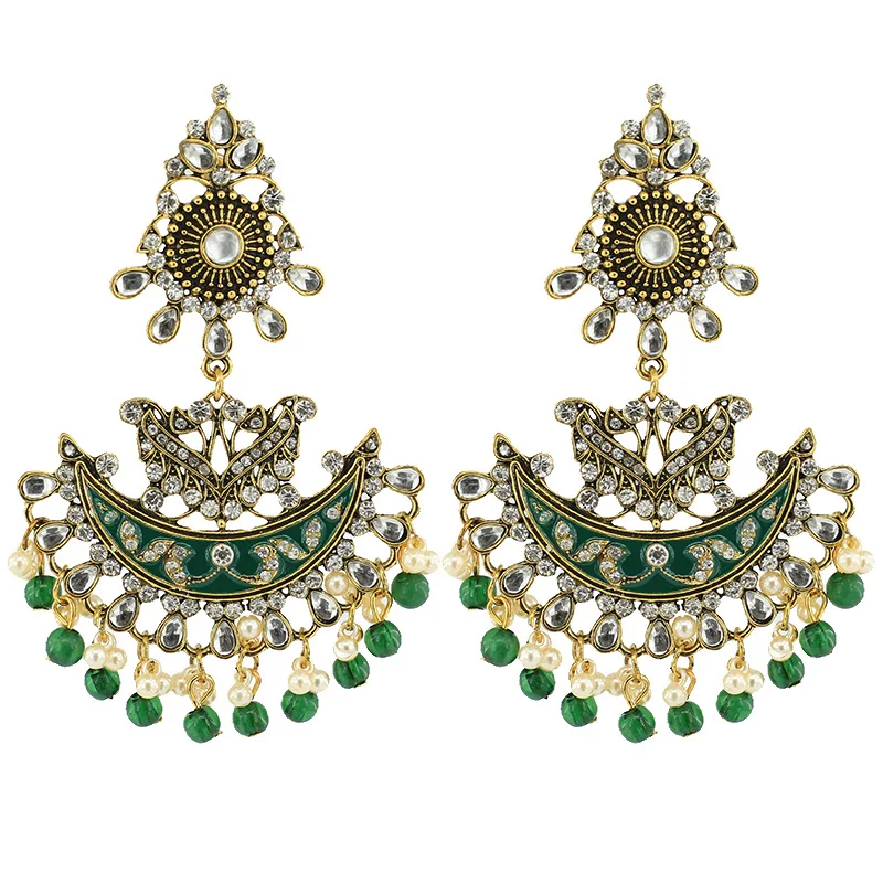 

Vintage Indian Kolczyki Jewelry Green Earrings For Women Ethnic Gold Color Gypsy Shape Earring Piercing Statement Jewelry